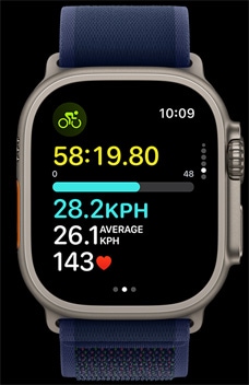 Apple?Watch?Ultra?2, демонстриращ колко бързо човек кара велосипеда си.