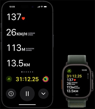 Live Activity, показваща колоездачните показатели на човек както на неговия Apple?Watch?Ultra?2, така и на неговия iPhone.