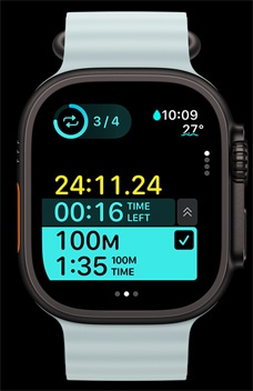 Apple?Watch?Ultra?2, показващ времеви интервал на тренировка като част от Custom Workouts.