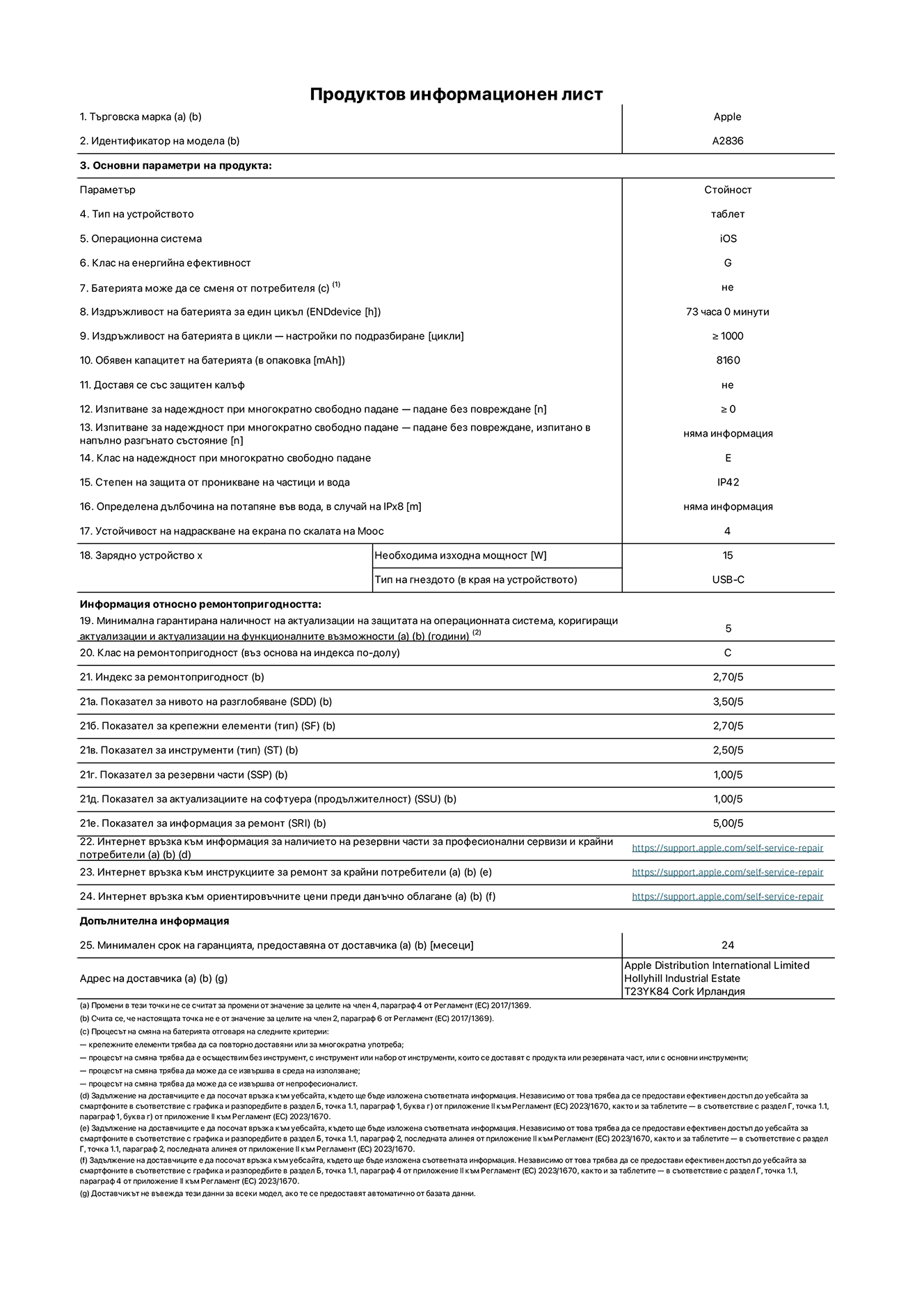 Продуктов информационен лист за 11-инчов iPad Pro Wi-Fi, модел A2836. Доставено от Apple Distribution International Ltd, Hollyhill Industrial Estate. Cork, Ирландия T23 YK84. Тип устройство: таблет. Операционна система: iOS. Клас на енергийна ефективност: G. Батерията може да се сменя от потребителя: не. Издръжливост на батерията: 73 часа. Издръжливост на батерията в цикли: ≥ 1000. Обявен капацитет на батерията: 8160 mAh. Изпитване за надеждност при многократно свободно падане - падане без повреждане: ≥ 0. Клас на надеждност при многократно свободно падане: Е. Степен на защита от проникване на частици и вода: IP42. Устойчивост на надраскване на екрана по скалата на твърдост на Моос: 4. Необходима изходна мощност на зарядното устройство: 15 W. Тип на гнездото за зарядно устройство: USB-C. Минимална гарантирана наличност на актуализации за сигурност на операционната система, коригиращи актуализации и актуализации на функционалността: 5 години. Клас на ремонтопригодност: C. Индекс на ремонтопригодност: 2,70/5. Показател за нивото на разглобяване: 3,50/5. Показател за крепежните елементи: 2,70/5. Показател за инструменти: 2,50/5. Показател за резервни части: 1,00/5. Показател за актуализации на софтуера: 1,00/5. Показател за информация за ремонт: 5,00/5. Уебвръзка към информация за наличността на резервни части за професионални сервизи и крайни потребители: https://support.apple.com/self-service-repair. Уебвръзка към инструкции за ремонт за крайни потребители: https://support.apple.com/self-service-repair. Уебвръзка към ориентировъчни цени преди данъци: https://support.apple.com/self-service-repair. Предлага се 24-месечна обща гаранция.