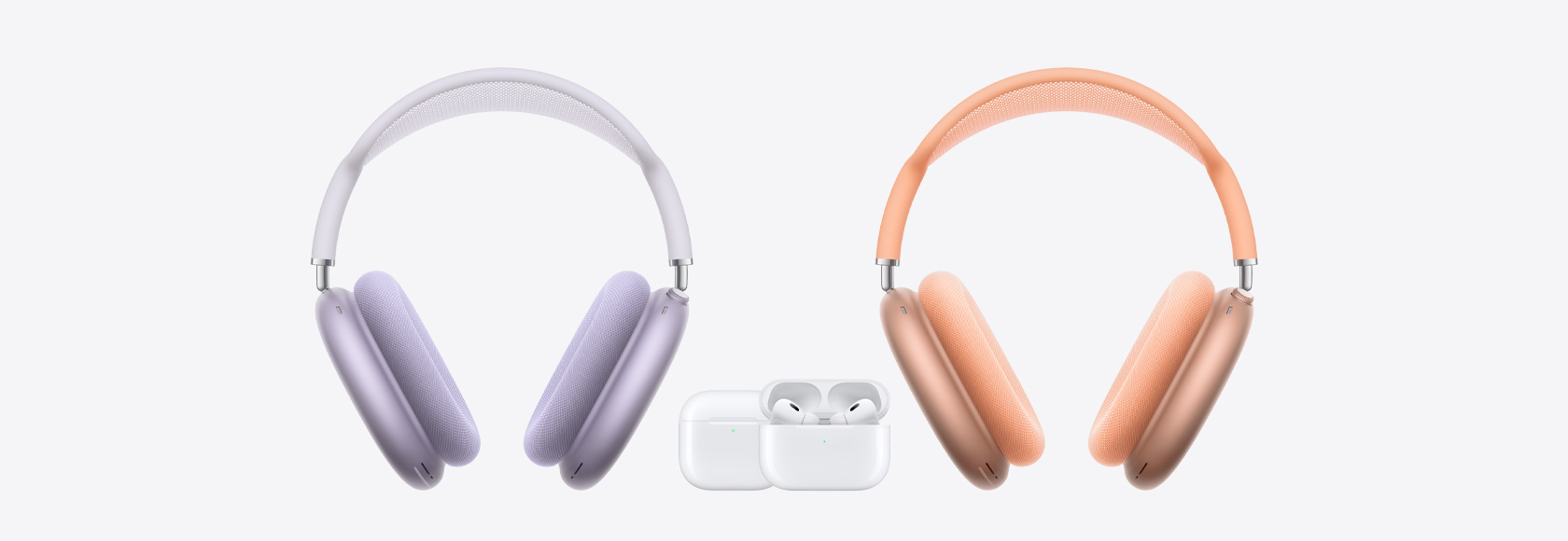 AirPods?Max вляво и вдясно с AirPods 4 и AirPods?Pro 2 по средата.