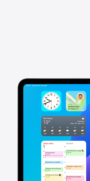 Recurso de VoiceOver na tela do iPad Pro mostrando o widget do app Tempo com saída de áudio “Tempo, S?o Paulo, 19 graus”.
