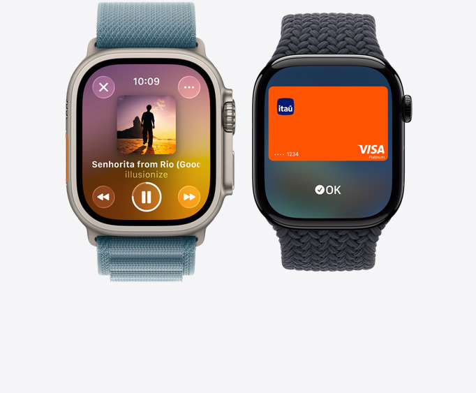 Apple Watch Ultra 3 com caixa natural de titanio, app Apple Music, tela Reproduzindo, Apple Watch Series 11 com caixa preta brilhante de alumínio, tela do Apple Pay, Apple Card