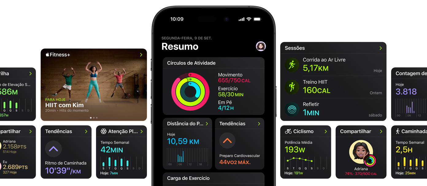 Um iPhone rodeado de várias telas com op??es de personaliza??o da página Resumo no app Fitness.