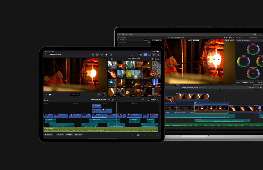 Images de soufflage de verre affichées sur un iPad Pro et un Mac c?te à c?te. Un même film dont on voit l’écran-titre est en cours de montage sur iPad Pro dans Final Cut Pro pour iPad et sur MacBook Pro dans Final Cut Pro.
