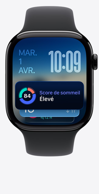 Apple Watch Series 11, bo?tier en aluminium, noir de jais poli, pile intelligente, alerte de score de sommeil, c?té droit, Digital Crown, bracelet sport noir