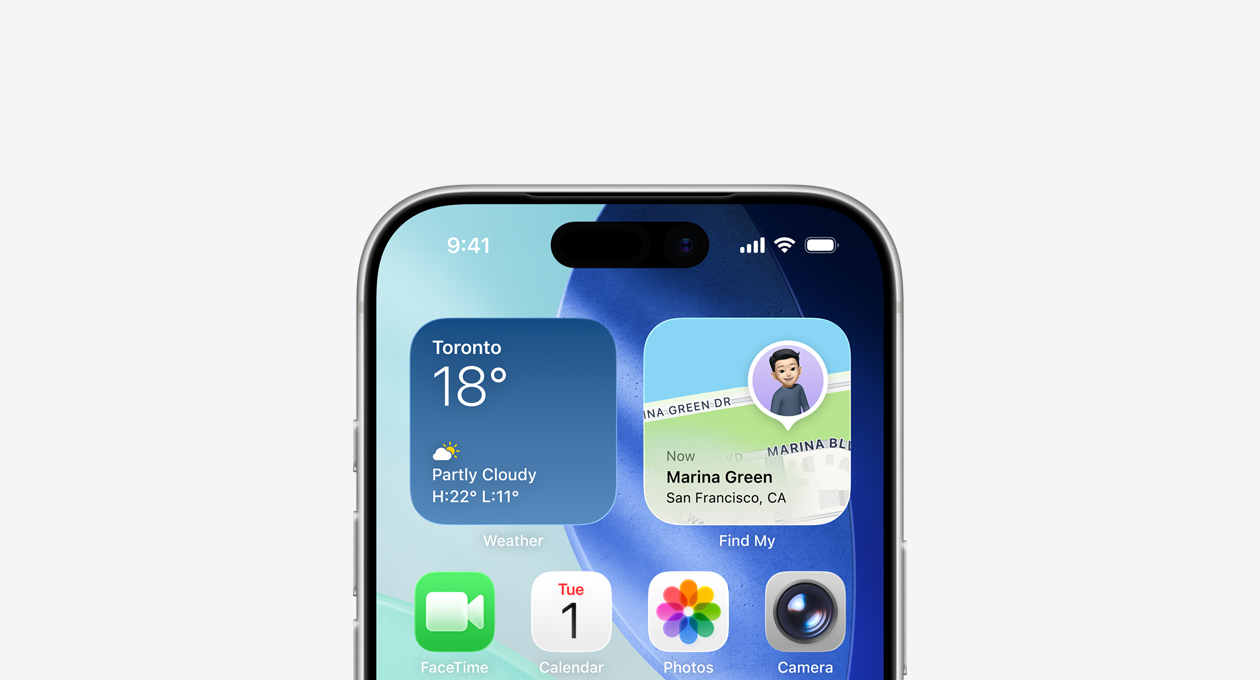 iPhone, top part of screen showing Home Screen with Weather and Find My widgets in the top row