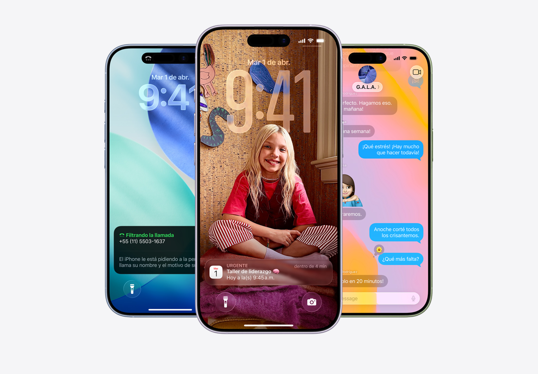 Pantalla de un iPhone que muestra el aviso para filtrar una llamada, pantalla de un iPhone que muestra avisos de las apps Mail y Mensajes con el dise?o de Liquid Glass, pantalla de un iPhone que muestra una conversación en Mensajes con un fondo de Liquid Glass