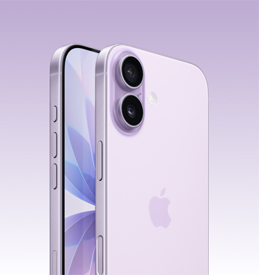 iPhone 17 en color lavanda, con parte de la pantalla visible y vista lateral que permite ver el Botón de Acción, el botón de volumen y el botón lateral. Parte posterior con el sistema avanzado de dos cámaras en la esquina superior izquierda.