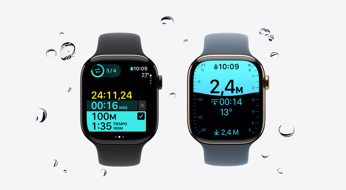 Apple Watch Series 11, caja de aluminio, color negro azabache pulido, la app Entrenamiento registra una sesión de Natación, unas gotas de agua salpican el reloj, correa deportiva, color negro