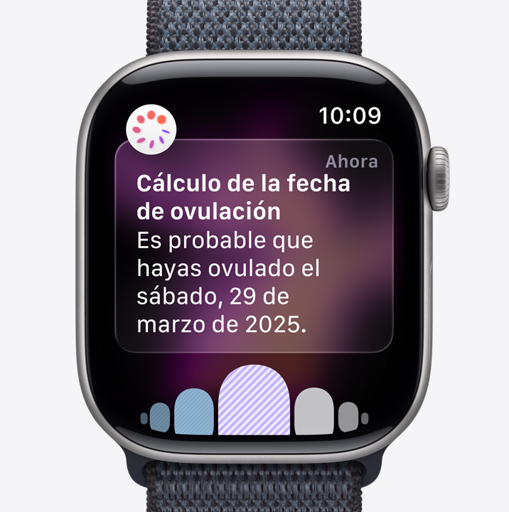 Apple Watch Series 11, space gray color, aluminum case, ovulation date estimation notification from Cycle Tracking in Health app, Digital Crown, Sport Loop, dark gray color