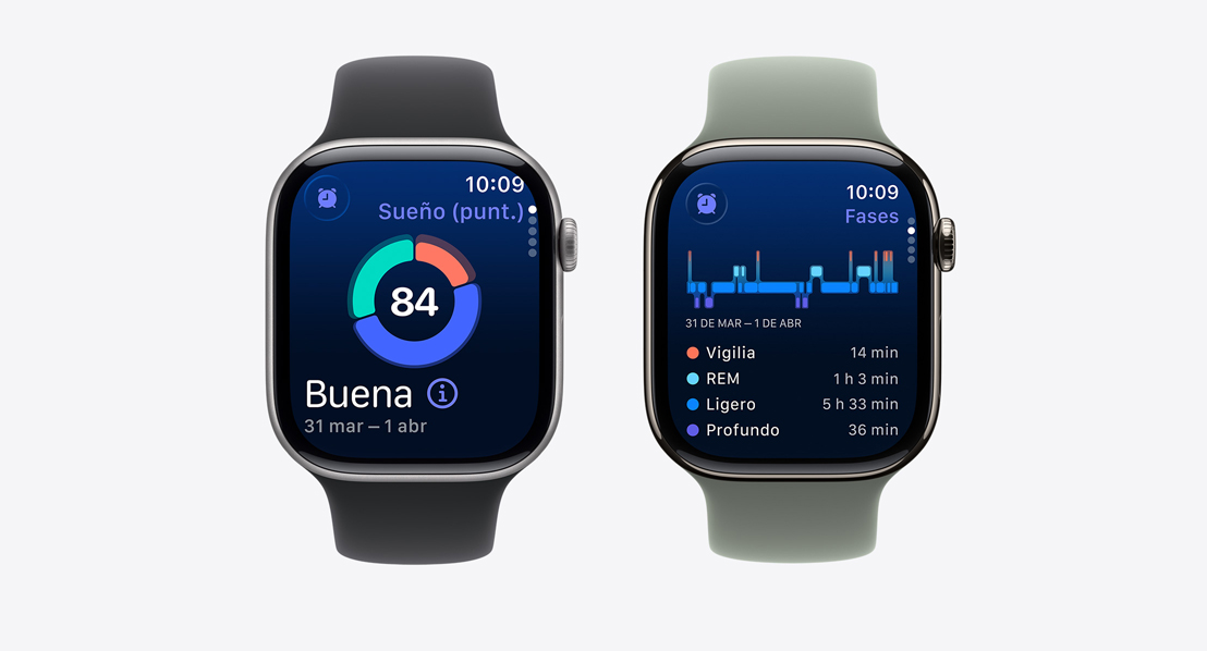 Dos Apple Watch Series 11, Puntuación de Sue?o en la pantalla, notificación de posible apnea del sue?o