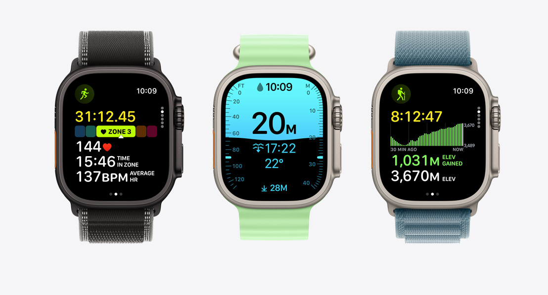 Apple Watch Ultra 3, obrazovky aplikace Cvi?ení: běh, p?ístrojové potápění, jízda na kole