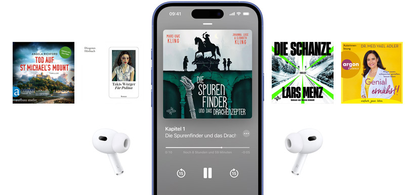 iPhone Bildschirm ist zentriert und zeigt ein H?rbuch in der Books App. Um das Telefon herum befinden sich H?rbuchcover, die in einem horizontalen Layout positioniert sind.