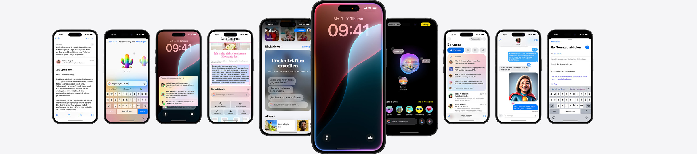 Statisches Bild mehrerer iPhones, die Apple Intelligence Features zeigen.