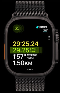 Apple?Watch?Ultra?2 kuvab ujumise kestust, tempot ja distantsi funktsiooni Multisport osana.