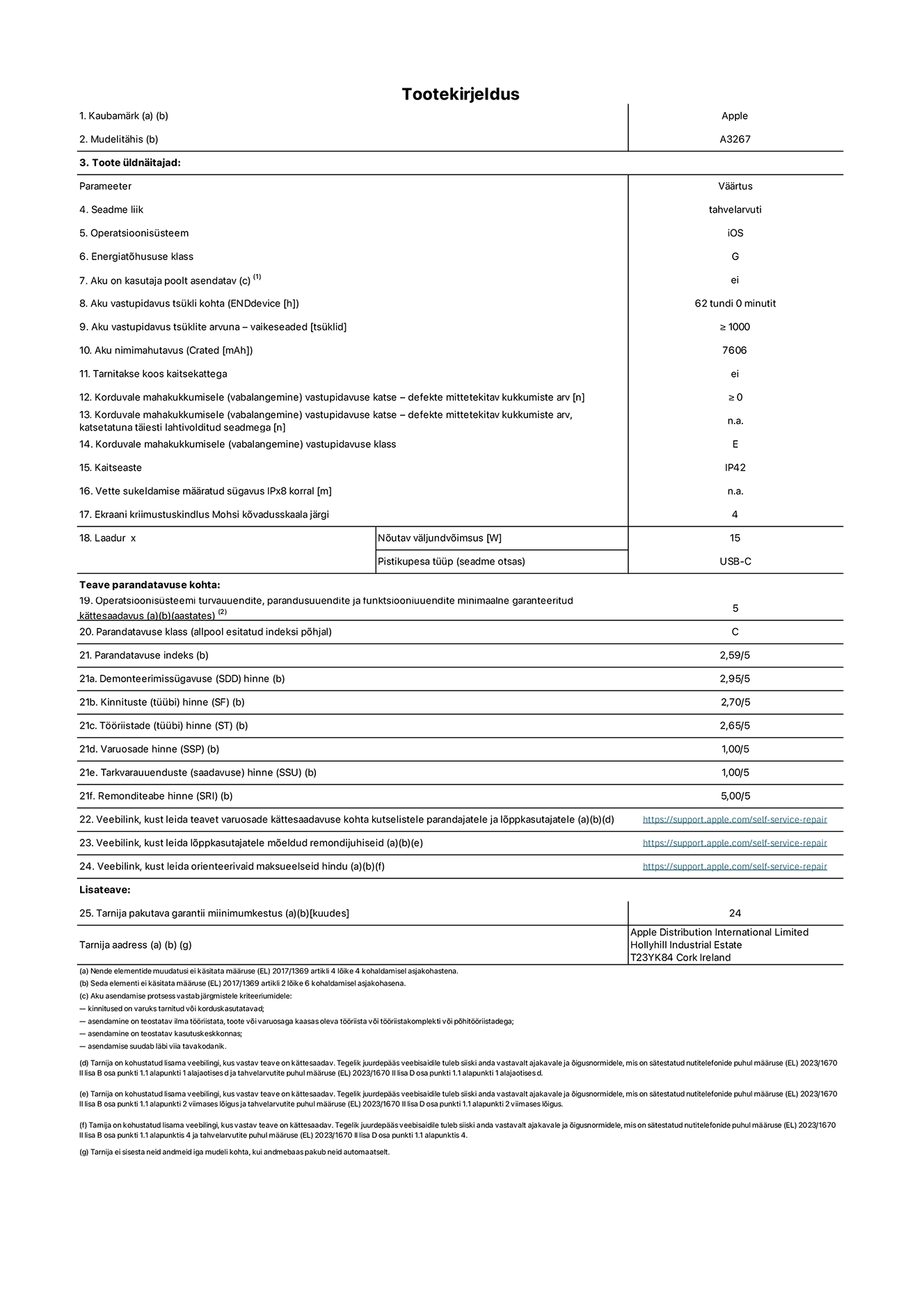 11-tollise iPad Air Wi-Fi pluss Cellular toote infoleht. Mudel A3267. Tarnija on Apple UK Ltd, 100 New Bridge Street, London EC4V 6JA. Seadme tüüp: tahvelarvuti. Operatsioonisüsteem: iOS. Standardse dünaamilise vahemiku energiat?hususklass: G. Aku vastupidavus: 62 tundi. Aku kestvustsüklid – vaikes?tted: ≥ 1000. Akumaht: 7606 mAh. Korduv vabalangemise usaldusv??rsustest – kukub ilma defektita: ≥ 0. Korduv vabalangemise usaldusv??rsusklass: E. Tolmu- ja veekindluse kaitse hinnang: IP42. Ekraani kriimustuskindlus Mohsi k?vaduse skaalal: 4. Laadija n?utav v?ljundv?imsus: 15W. Laadija tüüp: USB-C. Opsüsteemi turva-, korrektiiv- ja funktsionaalsusv?rskenduste minimaalne tagatud saadavus: 5 aastat. Parandatavusklass: C. Parandatavusindeks: 2,59/5. Lahtiv?tmise sügavuse hinne: 2,95/5. Kinnitusdetailide (tüüp) hinne: 2,70/5. T??riistade hinne: 2,65/5. Varuosade hinne: 1,00/5. Tarkvarav?rskenduste hinne: 1,00/5. Parandusteabe hinne: 5,00/5. Teave varuosade k?ttesaadavuse kohta professionaalsetele parandajatele ja l?ppkasutajatele: https://support.apple.com/self-service-repair. Parandusjuhised l?ppkasutajatele: https://support.apple.com/self-service-repair. Soovituslikud maksueelsed hinnad: https://support.apple.com/self-service-repair. 24-kuune üldgarantii.