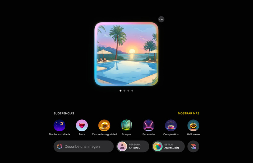 La interfaz de usuario de Image Playground muestra una piscina en un paisaje tropical con la puesta de sol de fondo y sugerencias para a?adir más elementos a la imagen