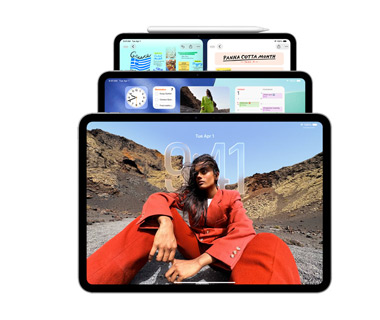 Trois modèles d’iPad, orientation paysage, chaque modèle disposé l’un devant l’autre, un Apple?Pencil fixé de fa?on magnétique au sommet du modèle le plus éloigné, l’écran de devant affiche un écran verrouillé à effet Liquid Glass, l’écran central affiche l’écran d’accueil avec des widgets. L’iPad le plus éloigné montre deux apps c?te à c?te, illustrant les fenêtres en mosa?que.