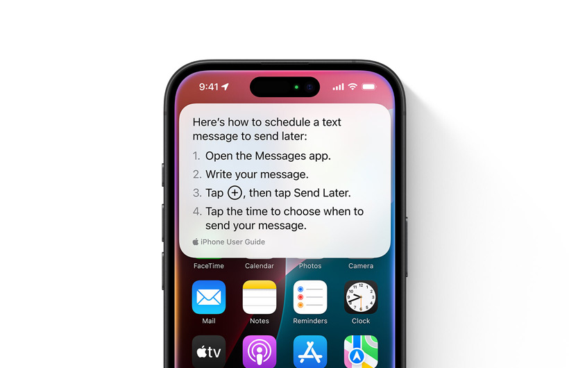 Ein iPhone zeigt eine Schritt-für-Schritt Anleitung, wie eine Textnachricht sp?ter gesendet werden kann
