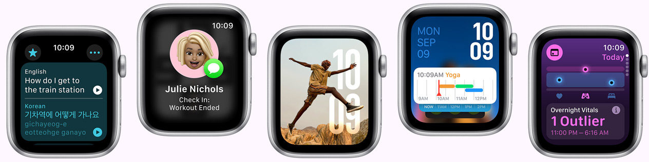 Fem Apple Watch-enheder, der viser forskellige sk?rme, inklusive appen Overs?t, appen Tjek status, urskiven Fotos, urskiven Modul?r og appen Vitalparametre