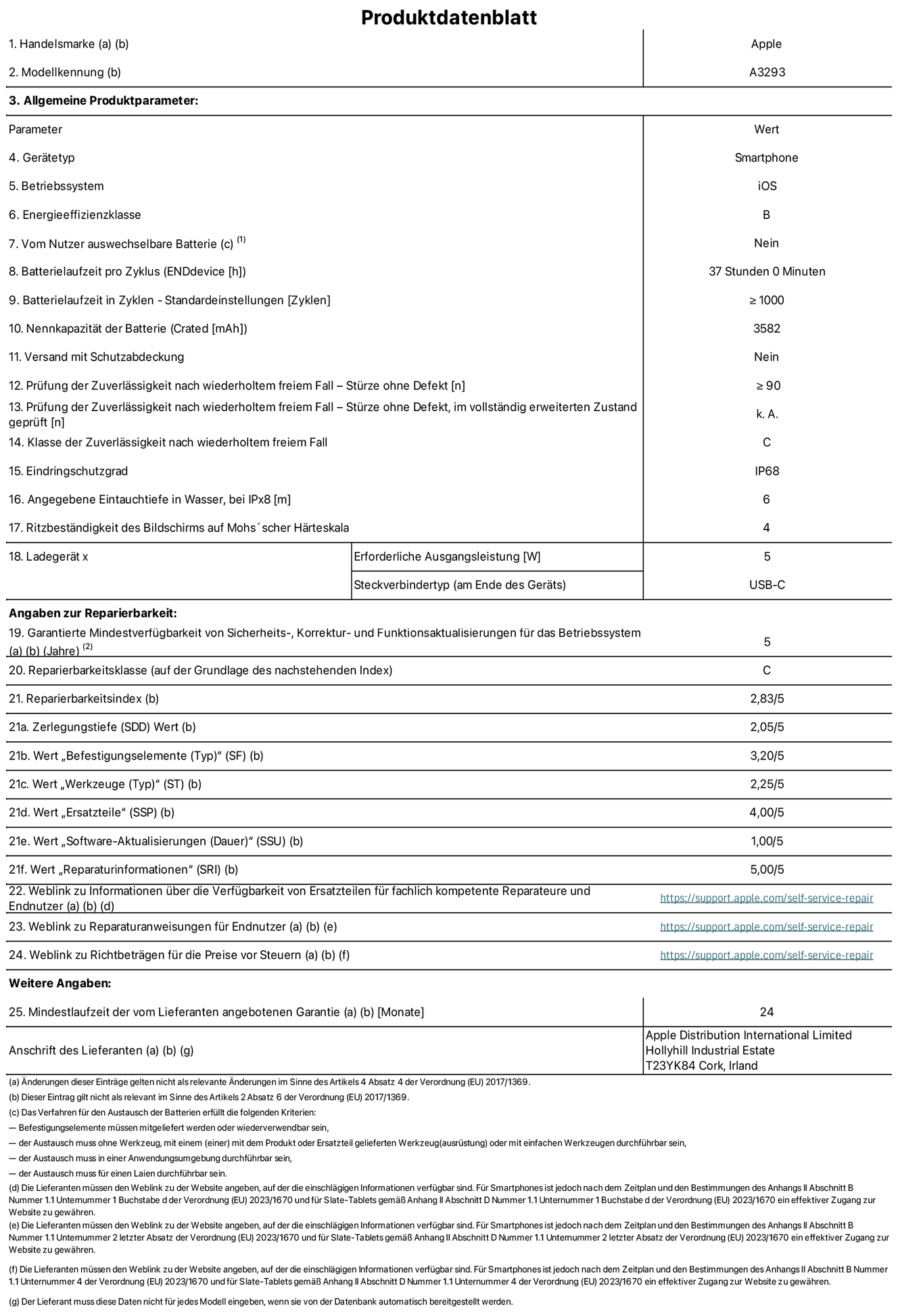 Produktinformationsblatt für iPhone 16 Pro, Modell A3293. Bereitgestellt von Apple Distribution International Limited, Hollyhill Industrial Estate. Cork, Irland T23 YK84. Ger?tetyp: Smartphone. Betriebssystem: iOS. Energieeffizienzklasse: B. Vom Benutzer auswechselbare Batterie: nein. Batterielaufzeit pro Zyklus: 37 Stunden. Batterielaufzeit in Zyklen – Standardeinstellungen: ≥ 1000. Nennkapazit?t der Batterie: 3582 mAh. Versand mit Schutzabdeckung: nein. Prüfung der Zuverl?ssigkeit nach wiederholtem freiem Fall – Stürze ohne Defekt: ≥ 90. Prüfung der Zuverl?ssigkeit nach wiederholtem freiem Fall – Stürze ohne Defekt, im vollst?ndig erweiterten Zustand geprüft: nicht zutreffend. Klasse der Zuverl?ssigkeit nach wiederholtem freiem Fall: C. Eindringschutzgrad: IP68. Angegebene Eintauchtiefe in Wasser, bei iPx8: 6 m. Ritzbest?ndigkeit des Displays auf Mohs’scher H?rteskala: 4. Erforderliche Ausgangsleistung des Ladeger?ts: 5W. Anschluss Ladeger?t (am Ende des Ger?ts): USB?C. Garantierte Mindestverfügbarkeit von Sicherheits?, Korrektur? und Funktionsaktualisierungen für das Betriebssystem: 5 Jahre. Reparierbarkeitsklasse: C. Reparierbarkeitsindex: 2,83/5. Zerlegungstiefe (SDD) Wert: 2,05/5. Wert ?Befestigungselemente“: 3,20/5. Wert ?Werkzeuge“: 2,25/5. Wert ?Ersatzteile“: 4,00/5. Wert ?Software-Aktualisierungen“: 1,00/5. Wert ?Reparaturinformationen“: 5,00/5. Weblink zu Informationen über die Verfügbarkeit von Ersatzteilen für fachlich kompetente Reparateure und Endnutzer: https://support.apple.com/self-service-repair. Weblink zu Reparaturanweisungen für Endnutzer: https://support.apple.com/self-service-repair. Weblink zu Richtbetr?gen für die Preise vor Steuern: https://support.apple.com/self-service-repair. 24 Monate angebotene allgemeine Garantie.
