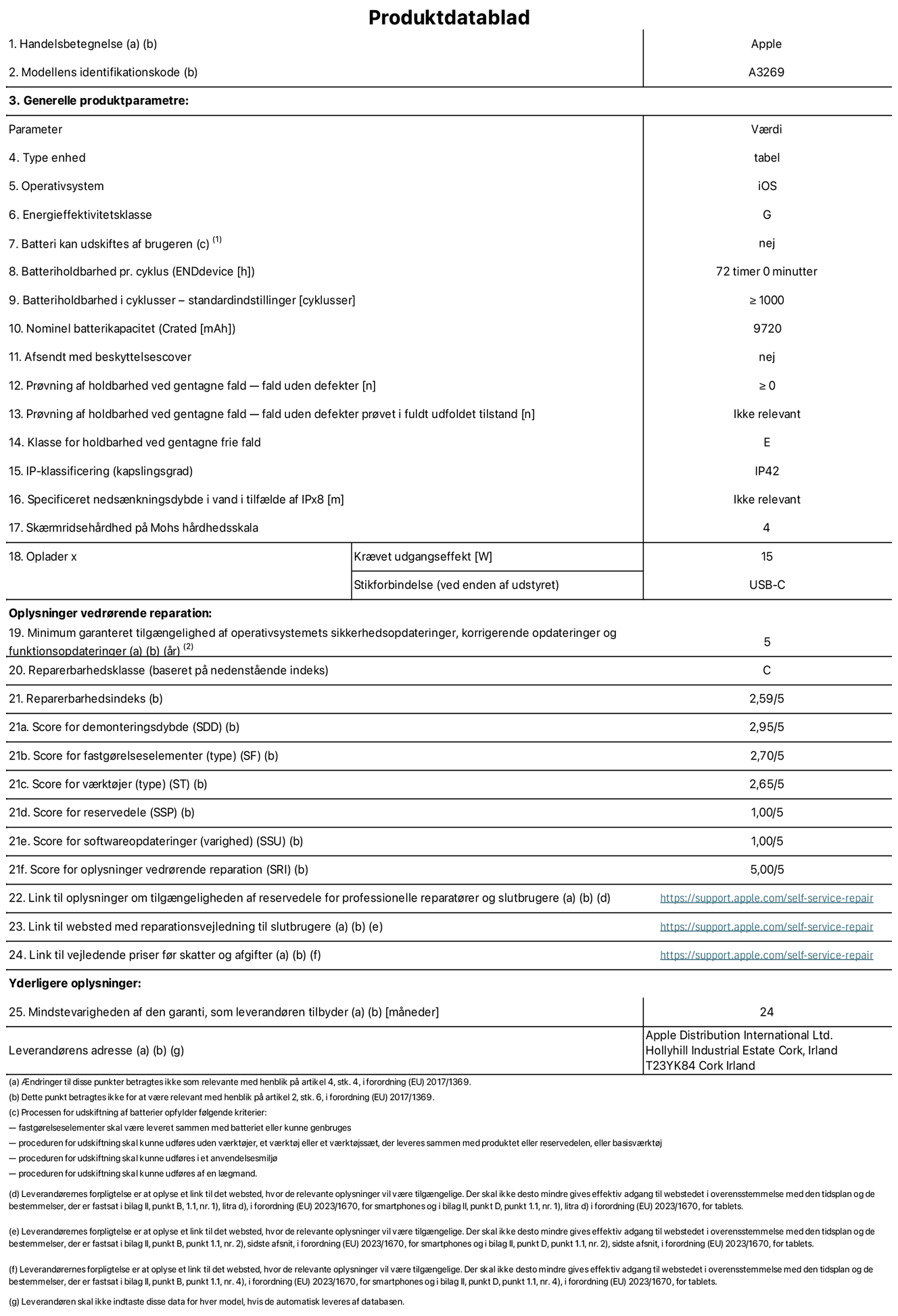 Produktdatablad til 13" iPad Air Wi-Fi + Cellular. Model A3269. Leveret af Apple UK Ltd, 100 New Bridge Street, London EC4V 6JA. Enhedstype: tablet. Styresystem: iOS. Energieffektivitetsklasse for standard dynamikomr?de: G. Batterilevetid: 72 timer. Batterilevetid i cyklusser: ≥ 1000. Nominel batterikapacitet: 9720 mAh. Holdbarhedstest ved gentagne fald – fald uden defekt: ≥ 0. Holdbarhedsklasse ved gentagne fald: E. Kapslingsklasse: IP42. Sk?rmens ridsefasthed p? Mohs' h?rdhedsskala: 4. P?kr?vet udgangseffekt for oplader: 15 W. Opladerstiktype: USB-C. Garanteret minimumsperiode for tilg?ngelighed af sikkerhedsopdateringer, fejlrettelser og funktionsopdateringer til styresystemet: 5 ?r. Reparerbarhedsklasse: C. Reparationsindeks: 2,59/5. Antal point for demonteringsdybde: 2,95/5. Antal point for fastg?relseselementer (type): 2,70/5. Antal point for v?rkt?j: 2,65/5. Antal point for reservedele: 1,00/5. Antal point for softwareopdateringer: 1,00/5. Antal point for reparationsoplysninger: 5,00/5. Weblink til oplysninger om tilg?ngeligheden af reservedele for professionelle reparat?rer og slutbrugere: https://support.apple.com/self-service-repair. Weblink til vejledning i reparation for slutbrugere: https://support.apple.com/self-service-repair. Weblink til vejledende priser f?r skatter og afgifter: https://support.apple.com/self-service-repair. Produktet er omfattet af 24 m?neders garanti.