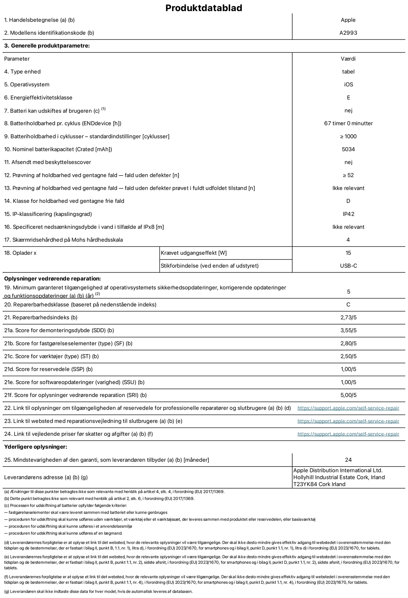 Produktdatablad til iPad mini Wi-Fi, model A2993. Leveret af Apple Distribution International Ltd, Hollyhill Industrial Estate. Cork, Irland T23 YK84. Enhedstype: tablet. Styresystem: iOS. Energieffektivitetsklasse: E. Batteri kan udskiftes af brugeren: nej. Batteritid: 67 timer. Batterilevetid i cyklusser: ≥ 1000. Nominel batterikapacitet: 5034 mAh. Holdbarhedstest ved gentagne fald – fald uden defekt: ≥ 52. Holdbarhedsklasse ved gentagne fald: D. Kapslingsklasse: IP42. Sk?rmens ridsefasthed p? Mohs' h?rdhedsskala: 4. P?kr?vet udgangseffekt for oplader: 15 W. Opladerstiktype: USB-C. Garanteret minimumsperiode for tilg?ngelighed af sikkerhedsopdateringer, fejlrettelser og funktionsopdateringer til styresystemet: 5 ?r. Reparerbarhedsklasse: C. Reparationsindeks: 2,73/5. Antal point for demonteringsdybde: 3,55/5. Antal point for fastg?relseselementer: 2,80/5. Antal point for v?rkt?j: 2,50/5. Antal point for reservedele: 1,00/5. Antal point for softwareopdateringer: 1,00/5. Antal point for reparationsoplysninger: 5,00/5. Weblink til oplysninger om tilg?ngeligheden af reservedele for professionelle reparat?rer og slutbrugere: https://support.apple.com/self-service-repair. Weblink til vejledning i reparation for slutbrugere: https://support.apple.com/self-service-repair. Weblink til vejledende priser f?r skatter og afgifter: https://support.apple.com/self-service-repair. Produktet er omfattet af 24 m?neders garanti.