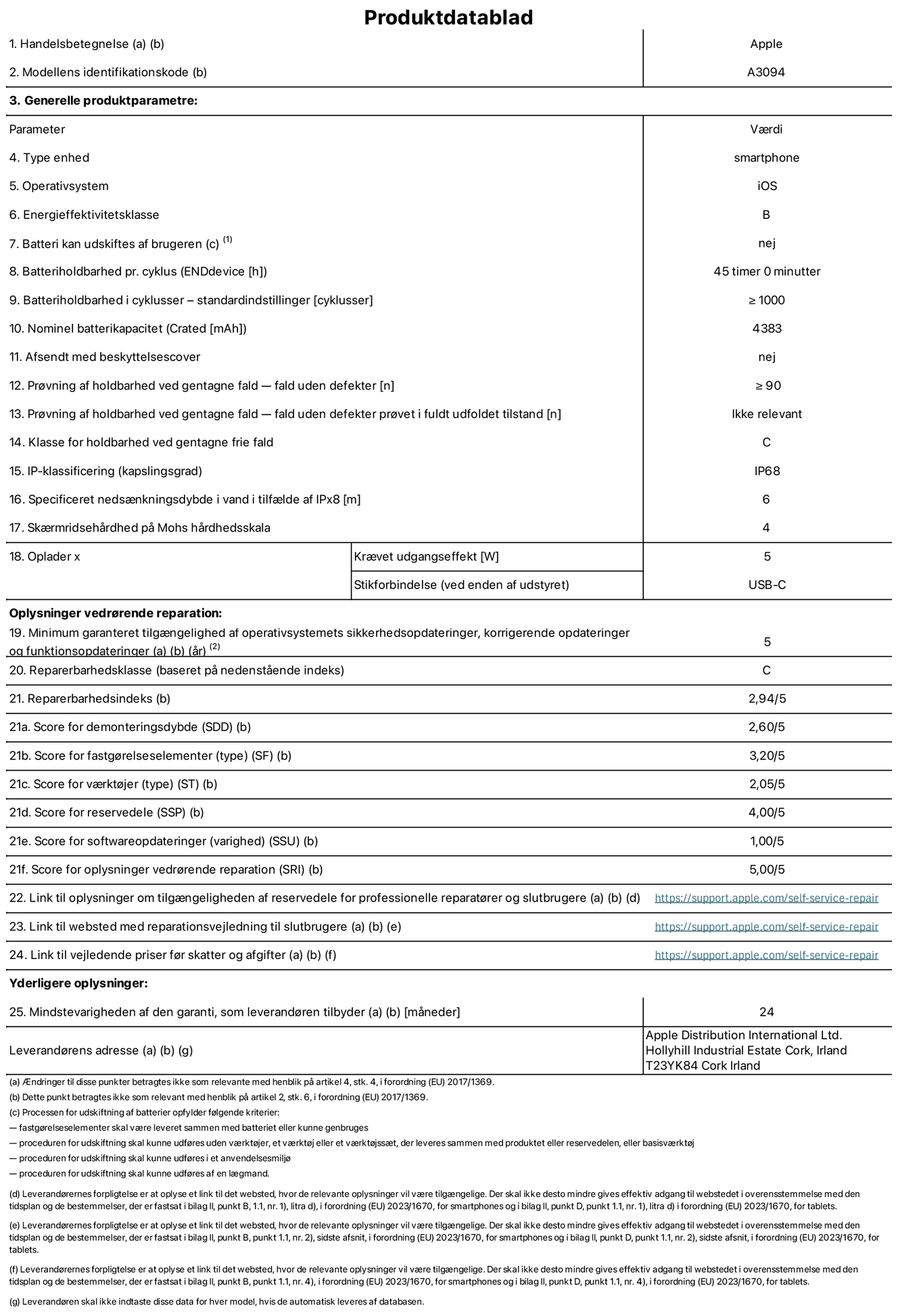 Produktdatablad til iPhone 15 Plus, model A3094. Leveret af Apple Distribution International Limited, Hollyhill Industrial Estate. Cork, Irland T23 YK84. Enhedstype: smartphone. Styresystem: iOS. Energieffektivitetsklasse: B. Batteri kan udskiftes af brugeren: nej. Batteritid pr. cyklus: 45 timer. Batterilevetid i cyklusser – standardindstillinger: ≥ 1000. Nominel batterikapacitet: 4383 mAh Leveres med beskyttelsescover: nej. Holdbarhedstest ved gentagne fald – fald uden defekt: ≥ 90. Holdbarhedstest ved gentagne fald – fald uden defekt testet i fuldt udfoldet tilstand: ikke relevant. Holdbarhedsklasse ved gentagne fald: C. Kapslingsgrad: IP68. Angivet neds?nkningsdybde i vand ved IPx8: 6. Sk?rmens ridsefasthed p? Mohs' h?rdhedsskala: 4. P?kr?vet udgangseffekt for oplader: 5 W. Opladerstiktype (p? enheden): USB-C. Garanteret minimumsperiode for tilg?ngelighed af sikkerhedsopdateringer, fejlrettelser og funktionsopdateringer til styresystemet: 5 ?r. Reparerbarhedsklasse: C. Reparationsindeks: 2,94/5. Antal point for demonteringsdybde: 2,60/5. Antal point for fastg?relseselementer: 3,20/5. Antal point for v?rkt?j: 2,05/5. Antal point for reservedele: 4,00/5. Antal point for softwareopdateringer: 1,00/5. Antal point for reparationsoplysninger: 5,00/5. Weblink til oplysninger om tilg?ngeligheden af reservedele for professionelle reparat?rer og slutbrugere: https://support.apple.com/self-service-repair. Weblink til vejledning i reparation for slutbrugere: https://support.apple.com/self-service-repair. Weblink til vejledende priser f?r skatter og afgifter: https://support.apple.com/self-service-repair. Produktet er omfattet af 24 m?neders garanti.