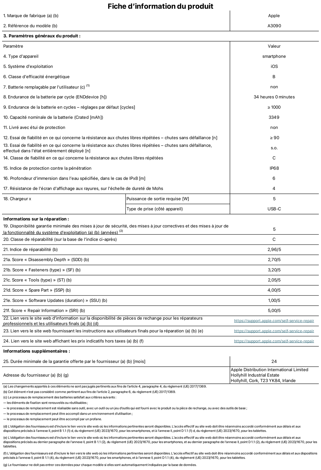 Fiche d’informations produit de l’iPhone 15, modèle A3090. Fournie par Apple Distribution International Limited, Hollyhill Industrial Estate. Cork, T23 YK84, Irlande Type d’appareil : smartphone. Système d’exploitation : iOS. Classe d’efficacité énergétique : B. Batterie rempla?able par l’utilisateur : non. Endurance de la batterie par cycle : 34 heures. Endurance de la batterie en cycles – réglages par défaut : ≥ 1 000. Capacité nominale de la batterie : 3 349 mAh. Livré avec étui de protection : non. Essai de fiabilité en ce qui concerne la résistance aux chutes libres répétées – chutes sans défaillance : ≥ 90. Essai de fiabilité en ce qui concerne la résistance aux chutes libres répétées – chutes sans défaillance, effectué dans l’état entièrement déployé : non applicable. Classe de fiabilité en ce qui concerne la résistance aux chutes libres répétées : C. Indice de protection contre la pénétration : IP68. Profondeur d’immersion spécifiée, dans le cas de l’IPx8 : 6 mètres. Résistance de l’écran d’affichage aux rayures sur l’échelle de dureté de Mohs : 4. Puissance de sortie requise du chargeur : 5 W. Type de prise (c?té appareil) : USB?C. Disponibilité garantie minimale des mises à jour de sécurité, des mises à jour correctives et des mises à jour de la fonctionnalité du système d’exploitation : 5 ans. Classe de réparabilité : C. Indice de réparabilité : 2,96/5. Score pour la profondeur de désassemblage (SDD) : 2,70/5. Score pour les éléments de fixation : 3,20/5. Score pour les outils : 2,05/5. Score pour les pièces de rechange : 4,00/5. Score pour les mises à jour logicielles : 1,00/5. Score pour les informations concernant la réparation : 5,00/5. Lien vers le site web d’information sur la disponibilité des pièces de rechange pour les réparateurs professionnels et les utilisateurs finaux : https://support.apple.com/self-service-repair. Lien vers le site web fournissant les instructions aux utilisateurs finaux pour la réparation : https://support.apple.com/self-service-repair. Lien vers le site web affichant les prix indicatifs hors taxes : https://support.apple.com/self-service-repair. Garantie générale de 24 mois offerte. 
