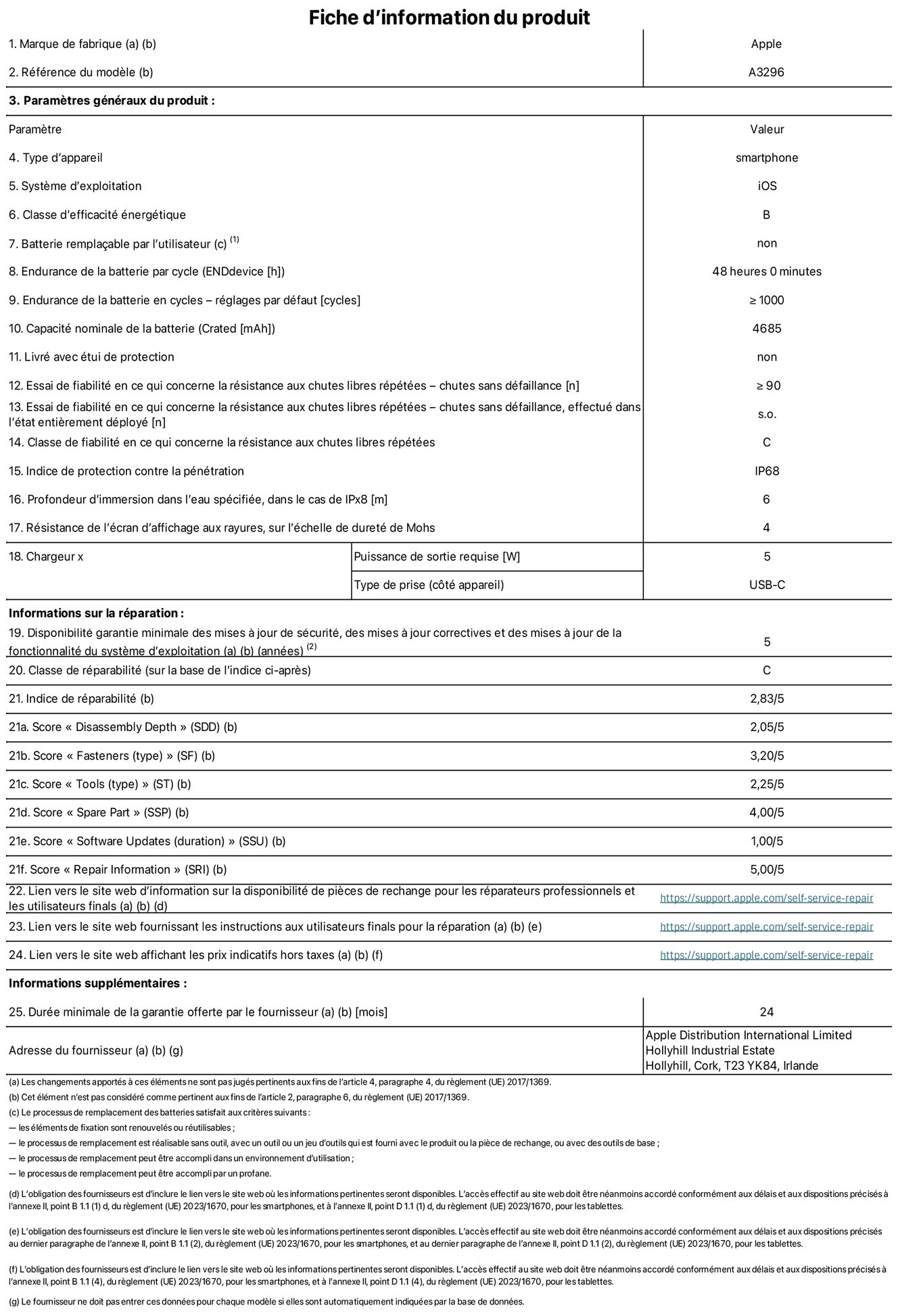 Fiche d’informations produit de l’iPhone 16 Pro Max, modèle A3296. Fournie par Apple Distribution International Limited, Hollyhill Industrial Estate. Cork, T23 YK84, Irlande Type d’appareil : smartphone. Système d’exploitation : iOS. Classe d’efficacité énergétique : B. Batterie rempla?able par l’utilisateur : non. Endurance de la batterie par cycle : 48 heures. Endurance de la batterie en cycles – réglages par défaut : supérieure ou égale à 1 000. Capacité nominale de la batterie : 4 685 mAh. Livré avec étui de protection : non. Essai de fiabilité en ce qui concerne la résistance aux chutes libres répétées – chutes sans défaillance :  supérieur ou égal à 90. Essai de fiabilité en ce qui concerne la résistance aux chutes libres répétées – chutes sans défaillance, effectué dans l’état entièrement déployé : non applicable. Classe de fiabilité en ce qui concerne la résistance aux chutes libres répétées : C. Indice de protection contre la pénétration : IP68. Profondeur d’immersion spécifiée dans l’eau, dans le cas de l’IPx8 : 6 mètres. Résistance de l’écran d’affichage aux rayures sur l’échelle de dureté de Mohs : 4. Puissance de sortie requise du chargeur : 5 W. Type de prise (c?té appareil) : USB?C. Disponibilité garantie minimale des mises à jour de sécurité, des mises à jour correctives et des mises à jour de la fonctionnalité du système d’exploitation : 5 ans. Classe de réparabilité : C. Indice de réparabilité : 2,83/5. Score pour la profondeur de désassemblage (SDD) : 2,05/5. Score pour les éléments de fixation : 3,20/5. Score pour les outils : 1,00/5. Score pour les pièces de rechange : 4,00/5. Score pour les mises à jour logicielles : 1,00/5. Score pour les informations concernant la réparation : 5,00/5. Lien vers le site web d’information sur la disponibilité des pièces de rechange pour les réparateurs professionnels et les utilisateurs finaux : https://support.apple.com/self-service-repair. Lien vers le site web fournissant les instructions aux utilisateurs finaux pour la réparation : https://support.apple.com/self-service-repair. Lien vers le site web affichant les prix indicatifs hors taxes : https://support.apple.com/self-service-repair. Garantie générale de 24 mois offerte.