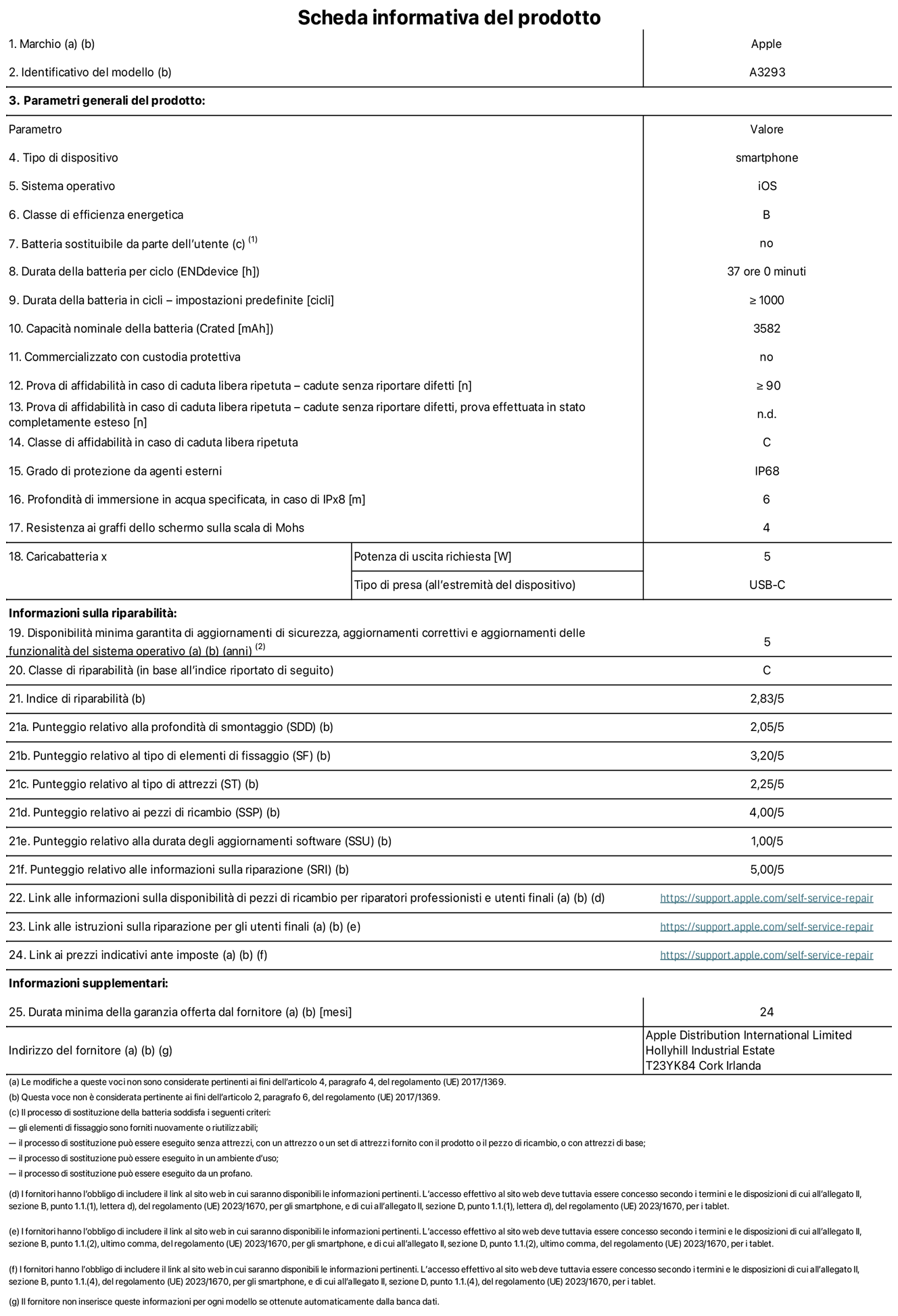 Scheda informativa del prodotto per iPhone 16 Pro, modello A3293. Fornito da Apple Distribution International Limited, Hollyhill Industrial Estate, T23 YK84 Cork, Irlanda. Tipo di dispositivo: smartphone. Sistema operativo: iOS. Classe di efficienza energetica: B. Batteria sostituibile da parte dell’utente: no. Durata della batteria per ciclo: 37 ore. Durata della batteria in cicli (impostazioni predefinite): maggiore o uguale a 1000. Capacità nominale della batteria: 3582 mAh. Commercializzato con custodia protettiva: no. Prova di affidabilità in caso di caduta libera ripetuta (cadute senza riportare difetti): maggiore o uguale a 90. Prova di affidabilità in caso di caduta libera ripetuta (cadute senza riportare difetti, prova effettuata in stato completamente esteso): non disponibile. Classe di affidabilità nel caso di caduta libera ripetuta: C. Grado di protezione da agenti esterni: IP68. Profondità di immersione in acqua specificata, in caso di IPx8: 6 metri. Resistenza ai graffi dello schermo sulla scala di Mohs: 4. Potenza di uscita richiesta per il caricabatterie: 5W. Tipo di presa per il caricabatterie (all’estremità del dispositivo): USB-C. Disponibilità minima garantita di aggiornamenti di sicurezza, aggiornamenti correttivi e aggiornamenti delle funzionalità del sistema operativo: 5 anni. Classe di riparabilità: C. Indice di riparabilità: 2,83 su 5. Punteggio relativo alla profondità di smontaggio (SDD): 2,05 su 5. Punteggio relativo al tipo di elementi di fissaggio: 3,20 su 5. Punteggio relativo al tipo di attrezzi: 2,25 su 5. Punteggio relativo ai pezzi di ricambio: 4,00 su 5. Punteggio relativo alla durata degli aggiornamenti software: 1,00 su 5. Punteggio relativo alle informazioni sulla riparazione: 5,00 su 5. Link alle informazioni sulla disponibilità di pezzi di ricambio per riparatori professionisti e utenti finali: https://support.apple.com/self-service-repair. Link alle istruzioni sulla riparazione per gli utenti finali: https://support.apple.com/self-service-repair. Link ai prezzi indicativi ante imposte: https://support.apple.com/self-service-repair. è prevista una garanzia generale di 24 mesi.