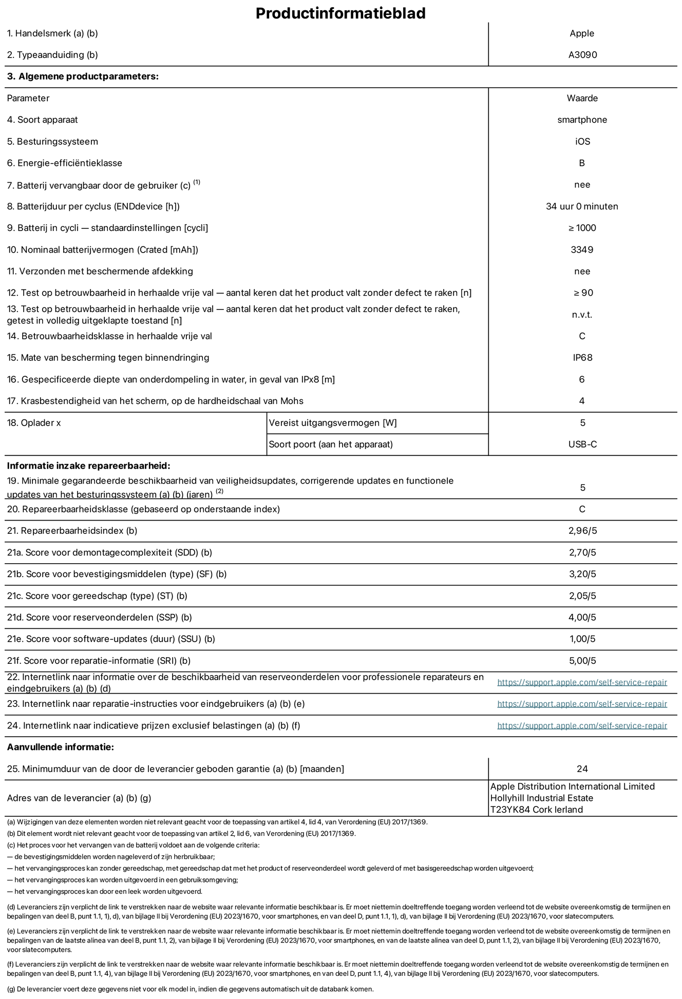 Productinformatieblad voor iPhone 15, model A3090. Verstrekt door Apple Distribution International Limited, Hollyhill Industrial Estate. Cork, Ierland T23 YK84. Type device: smartphone. Besturingssysteem: iOS. Energie-effici?ntieklasse: B. Batterij door de gebruiker te vervangen: nee. Batterijduur per cyclus: 34 uur. Batterijduur in cycli, standaardinstellingen: ≥ 1000. Nominale batterijcapaciteit: 3349 mAh. Geleverd met beschermhoes: nee. Herhaalde betrouwbaarheidstest voor vrije val, valt zonder defect: ≥ 90. Herhaalde betrouwbaarheidstest voor vrije val, valpartijen zonder defect getest in volledig verlengde staat: niet van toepassing. Herhaalde vrije val in betrouwbaarheidsklasse: C. Beschermingsklasse: IP68. Gespecificeerde dompeldiepte van water, in het geval van iPx8: 6. Krasbestendigheid van het scherm op de hardheidsschaal van Mohs: 4. Uitgangsvermogen vereist voor oplader: 5W. Type opladeraansluiting (aan het uiteinde van het apparaat): USB-C. Minimale gegarandeerde beschikbaarheid van beveiligingsupdates van het besturingssysteem, corrigerende updates en functionaliteitsupdates: 5 jaar. Herstelbaarheidsklasse: C. Herstelbaarheidsindex: 2,96/5. Score demontagediepte (SDD): 2,70/5. Score sluitingen: 3,20/5. Gereedschapsscore: 2,05/5. Reservedeelscore: 4,00/5. Score software-updates: 1,00/5. Score reparatiegegevens: 5,00/5. Weblink naar informatie over de beschikbaarheid van reserveonderdelen voor professionele reparaties en eindgebruikers: https://support.apple.com/self-service-repair. Weblink voor reparatie-instructies voor eindgebruikers: https://support.apple.com/self-service-repair. Weblink naar indicatieve prijzen vóór belasting: https://support.apple.com/self-service-repair. Inclusief 24 maanden algemene garantie. 