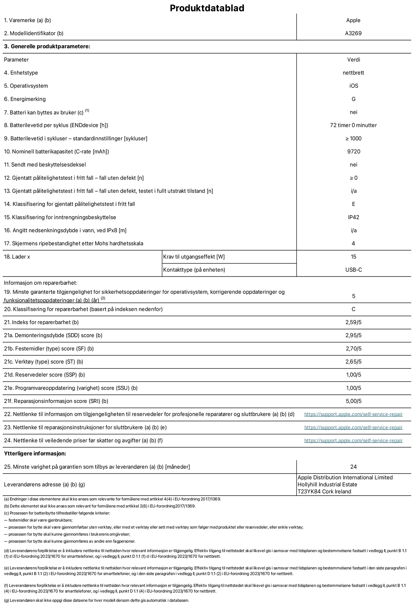 Produktdatablad for 13-tommers iPad Air Wi?Fi + Cellular – modell A3269. Levert av Apple UK Ltd, 100 New Bridge Street, London EC4V 6JA. Enhetstype: nettbrett. Operativsystem: iOS. Energieffektivitetsklasse for standard dynamisk omfang: G. Batteriets holdbarhet: 72 timer. Batteriets holdbarhet i antall ladesykluser: ≥ 1000. Nominell batterikapasitet: 9720 mAh. Holdbarhetstest ved gjentatte fall – antall fall uten feil: ≥ 0. Holdbarhetsklasse ved gjentatte fall: E. Kapslingsgrad: IP42. Skjermens ripefasthet p? Mohs skala: 4. Krav til laderens utgangseffekt: 15 watt. Laderens stikkontakt: USB-C. Minstegaranti for tilgang p? sikkerhetsoppdateringer, feilrettinger og funksjonsoppdateringer til operativsystemet: 5 ?r. Reparerbarhetsklasse: C. Reparerbarhetsindeks: 2,59/5. Demontering: 2,95/5. Festeanordninger (type): 2,70/5. Verkt?y: 2,65/5. Reservedeler: 1,00/5. Programvareoppdateringer: 1,00/5. Informasjon om reparasjon: 5,00/5. Lenke til informasjon om tilgjengelighet for reservedeler for profesjonelle reparat?rer og sluttbrukere: https://support.apple.com/self-service-repair. Lenke til reparasjonsveiledning for sluttbrukere: https://support.apple.com/self-service-repair. Lenke til veiledende priser ekskl. mva: https://support.apple.com/self-service-repair. Produktet omfattes av en 24-m?neders generell garanti.