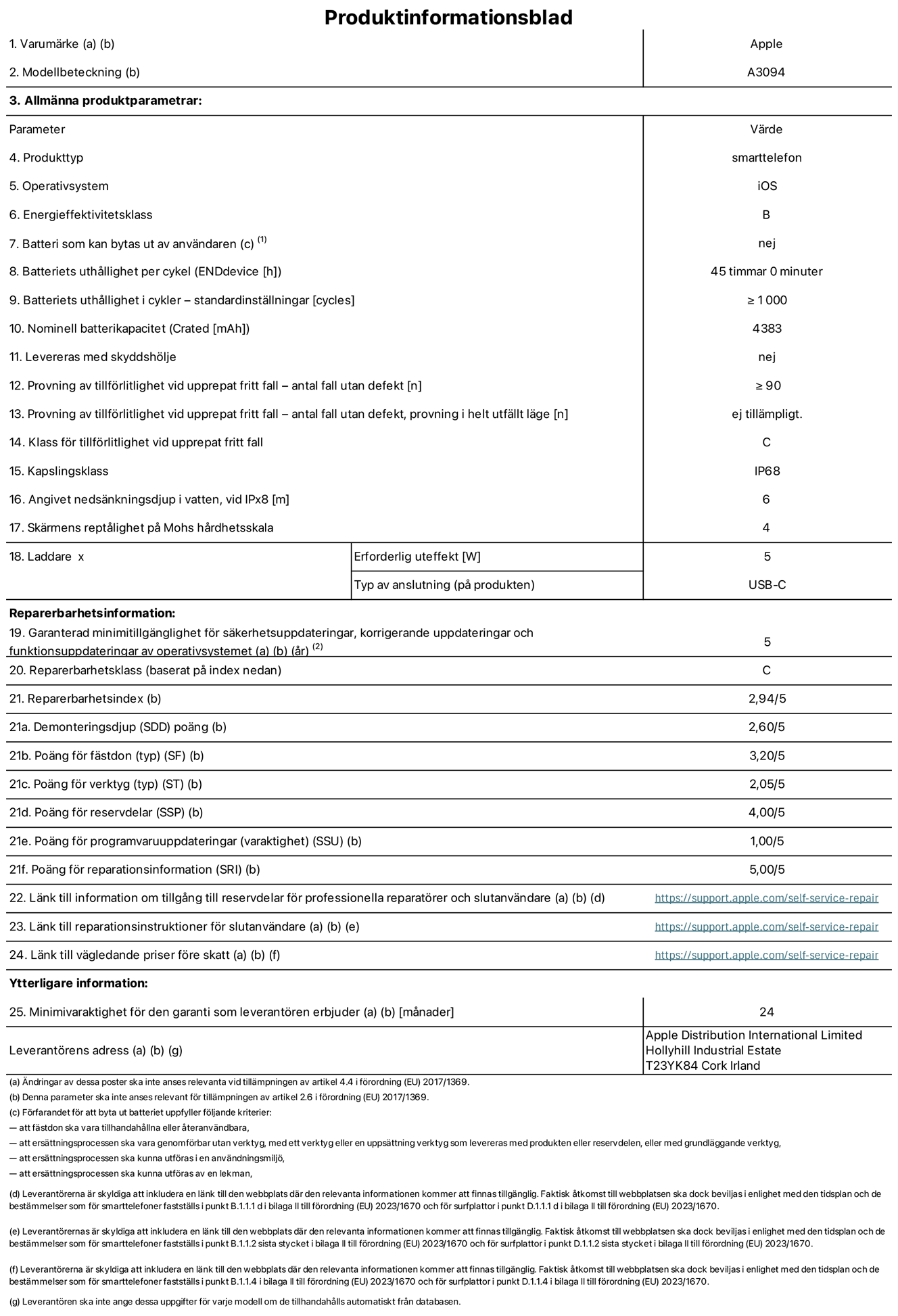 Produktinformationsblad f?r iPhone 15 Plus, modell A3094. Tillhandah?lls av Apple Distribution International Limited, Hollyhill Industrial Estate. Cork, Irland T23 YK84. Enhetstyp: smartphone. Operativsystem: iOS. Energieffektivitetsklass: B. Batteri som kan bytas ut av anv?ndaren: nej. Batteritid per laddningscykel: 45 timmar. Batteriets livsl?ngd i antal cykler – standardinst?llningar: ≥ 1000. Nominell batterikapacitet: 4383 mAh. Levereras med skyddsfodral: nej. Tillf?rlitlighetstest vid upprepat fritt fall – antal fall utan defekter: ≥ 90. Tillf?rlitlighetstest vid upprepat fritt fall – antal fall utan defekter testat i helt utf?llt l?ge: ej till?mpligt. Tillf?rlitlighet vid upprepat fritt fall: klass C. IP-klass: IP68. Angivet neds?nkningsdjup vid iPx8: 6. Sk?rmens rept?lighet enligt Mohs h?rdhetsskala: 4. Laddare – uteffekt som kr?vs: 5 W. Typ av uttag p? laddaren: usb-c. Garanterad minimiperiod f?r tillg?ng till s?kerhetsuppdateringar, korrigerande uppdateringar och funktionsuppdateringar av operativsystemet: 5 ?r. Reparerbarhetsklass: C. Repararbarhetsindex: 2,94/5. Po?ng f?r demonteringsdjup (SDD): 2,60/5. Po?ng f?r f?sten: 3,20/5. Po?ng f?r verktyg: 2,05/5. Po?ng f?r reservdelar: 4,00/5. Po?ng f?r mjukvaruuppdateringar: 1,00/5. Po?ng f?r reparationsinformation: 5,00/5. L?nk till information om tillg?ngliga reservdelar f?r professionella reparat?rer och slutanv?ndare: https://support.apple.com/self-service-repair. L?nk till reparationsanvisningar f?r slutanv?ndare: https://support.apple.com/self-service-repair. L?nk till v?gledande priser f?re skatt: https://support.apple.com/self-service-repair. Produkten omfattas av 24 m?naders garanti.