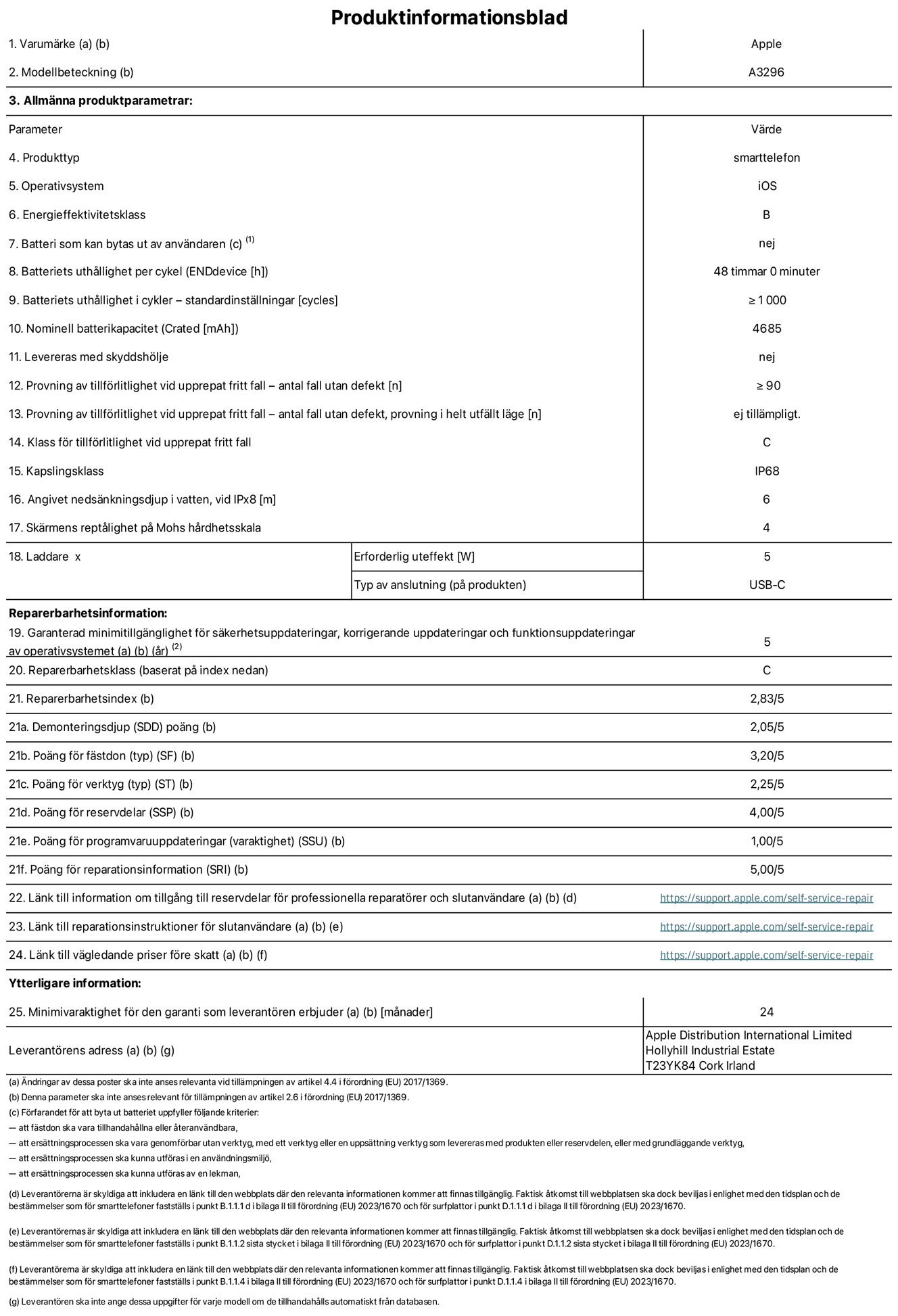 Produktinformationsblad f?r iPhone 16 Pro Max, modell A3296. Tillhandah?lls av Apple Distribution International Limited, Hollyhill Industrial Estate. Cork, Irland T23 YK84. Enhetstyp: smartphone. Operativsystem: iOS. Energieffektivitetsklass: B. Batteri som kan bytas ut av anv?ndaren: nej. Batteritid per laddningscykel: 48 timmar. Batteriets livsl?ngd i antal cykler – standardinst?llningar: ≥ 1000. Nominell batterikapacitet: 4685 mAh. Levereras med skyddsfodral: nej. Tillf?rlitlighetstest vid upprepat fritt fall – antal fall utan defekter: ≥ 90. Tillf?rlitlighetstest vid upprepat fritt fall – antal fall utan defekter testat i helt utf?llt l?ge: ej till?mpligt. Tillf?rlitlighet vid upprepat fritt fall: klass C. IP-klass: IP68. Angivet neds?nkningsdjup i vatten vid iPx8: 6 meter. Sk?rmens rept?lighet enligt Mohs h?rdhetsskala: 4. Laddare – uteffekt som kr?vs: 5 W. Typ av uttag p? laddaren: usb-c. Garanterad minimiperiod f?r tillg?ng till s?kerhetsuppdateringar, korrigerande uppdateringar och funktionsuppdateringar av operativsystemet: 5 ?r. Reparerbarhetsklass: C. Reparerbarhetsindex: 2,83/5. Po?ng f?r demonteringsdjup (SDD): 2,05/5. Po?ng f?r f?sten: 3,20/5. Po?ng f?r verktyg: 1,00/5. Po?ng f?r reservdelar: 4,00/5. Po?ng f?r mjukvaruuppdateringar: 1,00/5. Po?ng f?r reparationsinformation: 5,00/5. L?nk till information om tillg?ngliga reservdelar f?r professionella reparat?rer och slutanv?ndare: https://support.apple.com/self-service-repair. L?nk till reparationsanvisningar f?r slutanv?ndare: https://support.apple.com/self-service-repair. L?nk till v?gledande priser f?re skatt: https://support.apple.com/self-service-repair. Produkten omfattas av 24 m?naders garanti.