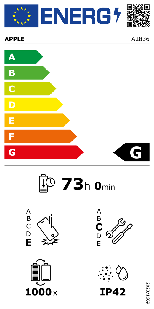 étiquette énergétique de l’UE, code QR et informations, modèle Apple A2836, classe G, classes d’efficacité énergétique (échelle allant de A à G), A (la plus élevée) à G (la plus basse), endurance de la batterie par cycle, 73 heures et 0 minute par charge complète de la batterie, résistance aux chutes répétées de classe E, A (plus résistante) à E (moins résistante), réparabilité de classe C, A (plus réparable) à E (moins réparable), endurance de la batterie de 1 000 cycles, indice de protection IP42 pour la poussière et l’eau, règlement 2023/1669