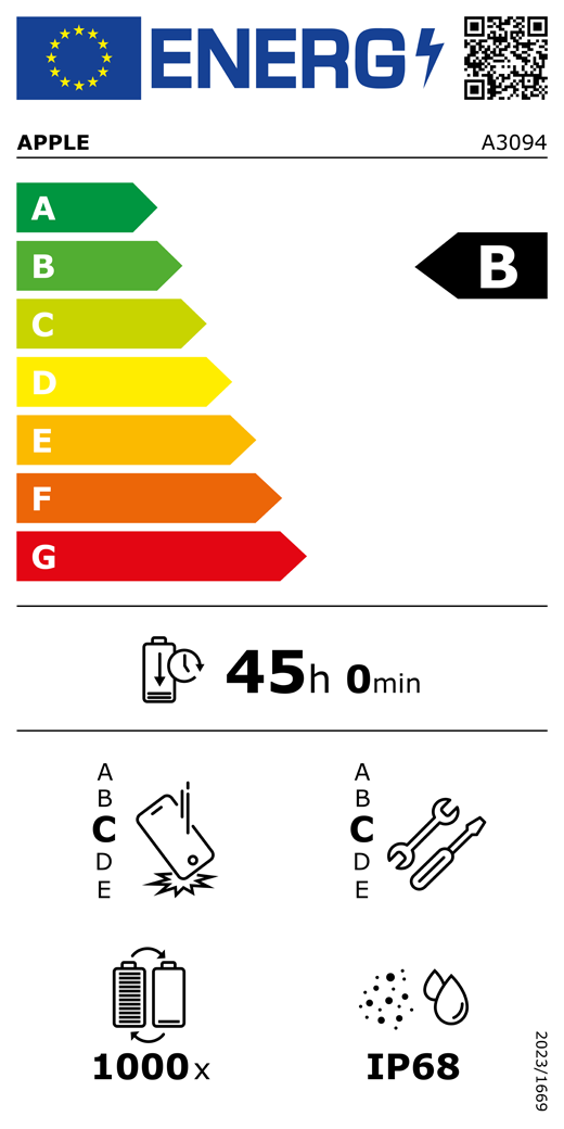 EU-Energielabel, QR Code und Informationen, Apple Modell A3094, Klasse B, Energieeffizienzklassen (auf einer Skala von A bis G), A (am effizientesten) bis G (am wenigsten effizient), Batterielaufzeit pro Zyklus, 45 Stunden und 0 Minuten pro voller Batterieladung, Sturzfestigkeit Klasse C für wiederholten freien Sturz, A (am robustesten) bis E (am wenigsten robust), Reparierbarkeit der Klasse C, A (am besten reparierbar) bis E (am wenigsten reparierbar), Batteriehaltbarkeit 1.000 Ladezyklen, Schutzart gegen Eindringen von Staub und Wasser (IP) IP68, Verordnung 2023/1669