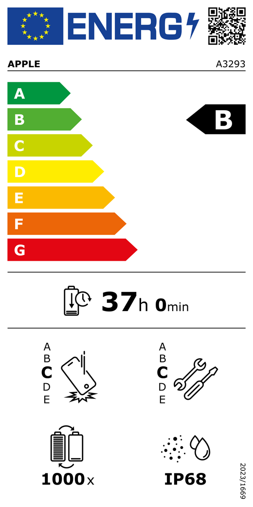 EU Energy Label QR code and information, Apple model A3293, class B, energy efficiency classes (with a scale from A to G), A (most efficient) to G (least efficient), battery endurance per cycle, 37 hours and 0 minutes per full battery charge, repeated free fall reliability class C, A (most robust) to E (least robust), repairability class C, A (most repairable) to E (least repairable), 1000 battery endurance in cycles, dust and water ingress protection (IP) rating IP68, regulation 2023/1669