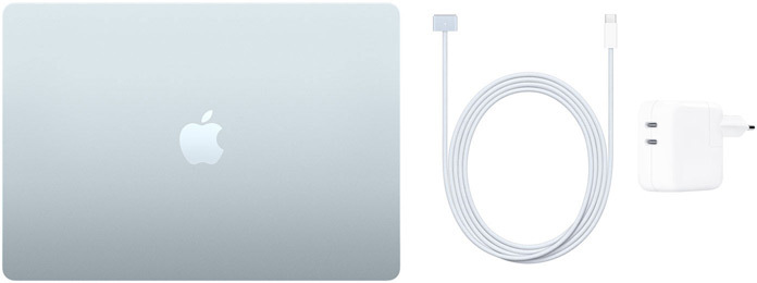 15-inch MacBook Air met USB-C-naar-MagSafe 3-kabel en lichtnetadapter van 35 W met twee USB?C-poorten