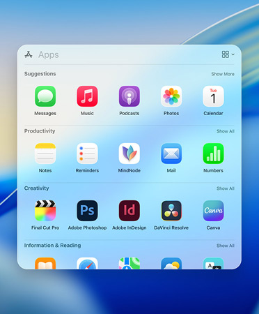 Spotlight Browsing Menü mit Apps in Kategorien: Vorschl?ge, Produktivit?t, Kreativit?t, Information und Lesen