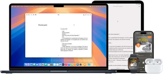Le MacBook Pro et l’iPad Air affichent une page du même ebook dans l’app Livres. Les écrans de l’Apple Watch et de l’iPhone 15 affichent la couverture du même livre audio. Un bo?tier d’AirPods Pro ouvert pour montrer les deux écouteurs AirPods Pro.