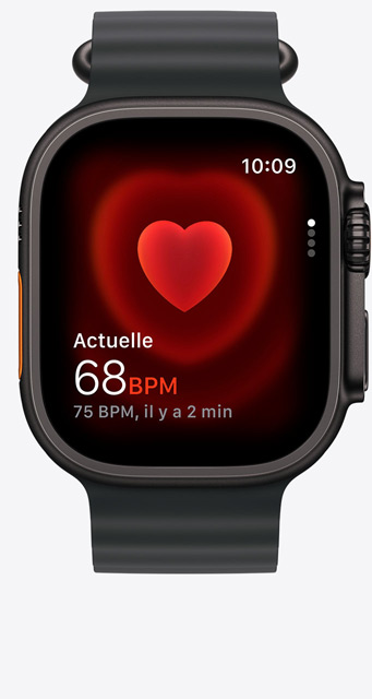 Apple Watch Ultra 3, bo?tier en titane noir, app Fréquence cardiaque, fréquence actuelle des battements par minute, Bracelet Océan, noir