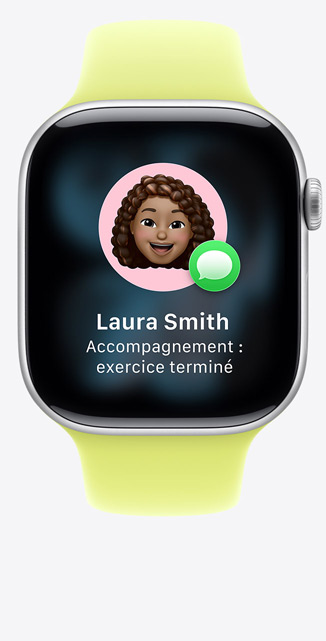 Apple Watch Series 11, bo?tier en aluminium, argent, suggestion Accompagnement dans iMessage, Bracelet Sport, jaune fluo