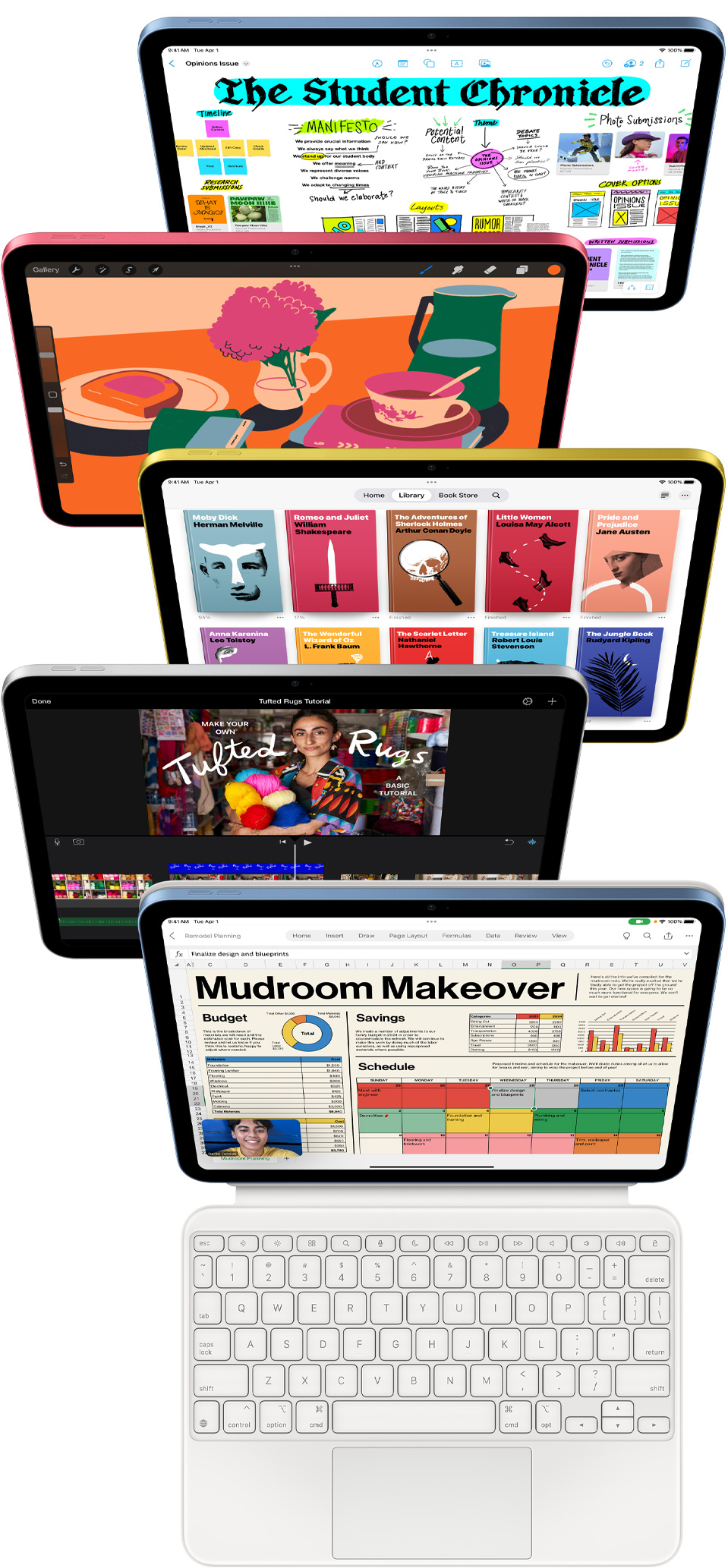 Οθ?νε? iPad στι? οπο?ε? εμφαν?ζεται μια πληθ?ρα απ? apps συμπεριλαμβανομ?νων των Freeform, ProCreate, Apple Books, iMovie και Excel με Webex Meetings.