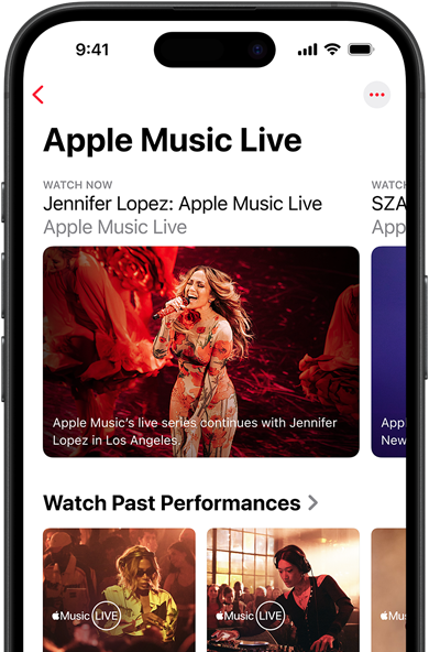 iPhone 上的 Apple Music Live 畫(huà)面，顯示「立即觀看」、過(guò)往演出，以及「Apple Music 百大專輯」等獨(dú)家內(nèi)容
