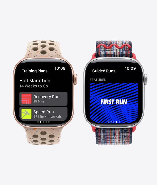 兩款 Apple Watch 裝置展示 Nike Run Club 功能，包括訓(xùn)練計(jì)劃及跑步指導(dǎo)