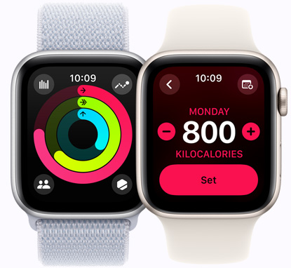 兩部 Apple Watch SE 裝置展示健身記錄畫面，分別是健身記錄圓圈及卡路里目標。