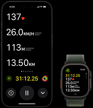 Apple Watch Ultra 2 及 iPhone 上的即時(shí)動(dòng)態(tài)同時(shí)顯示某人的單車(chē)訓(xùn)練指標(biāo)。