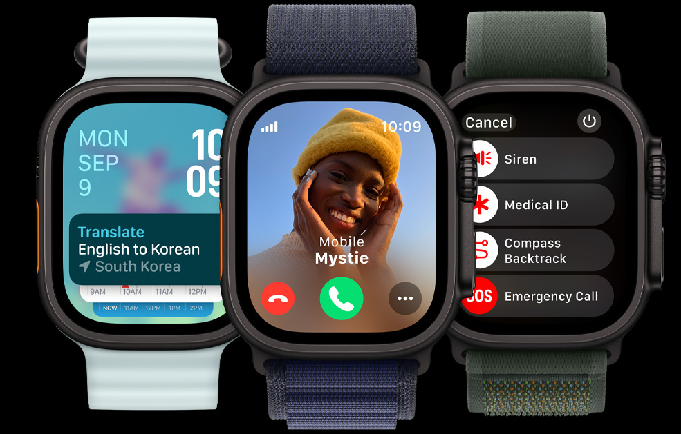 三個(gè) Apple Watch Ultra 顯示器，一個(gè)顯示翻譯 app，另一個(gè)顯示來(lái)電，最後一個(gè)顯示警笛、醫(yī)療檔案、回溯功能及緊急電話(huà)的圖像。